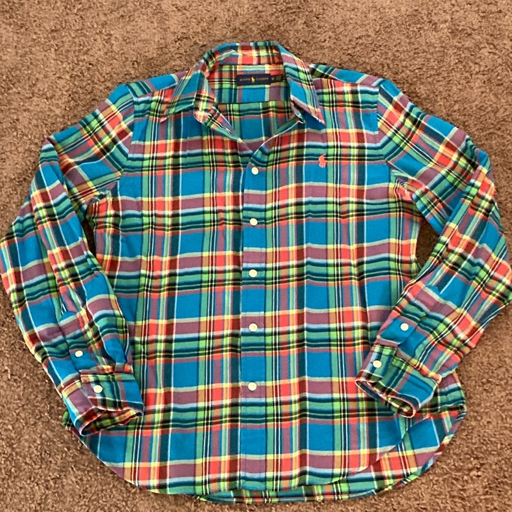 Ralph Lauren Blue Plaid Button-Up Collared Flannel Shirt Size 12